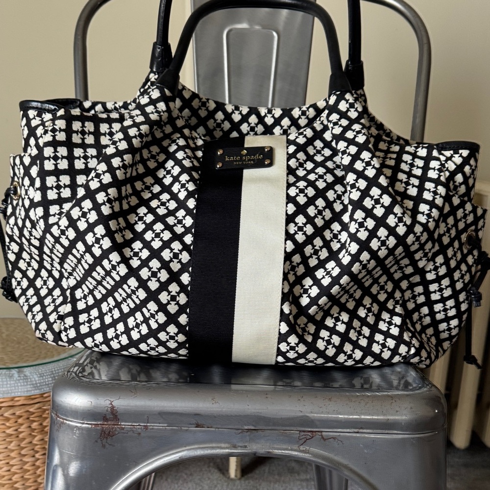 kate spade Black and Cream Patterned Baby Bag with Center Stripe